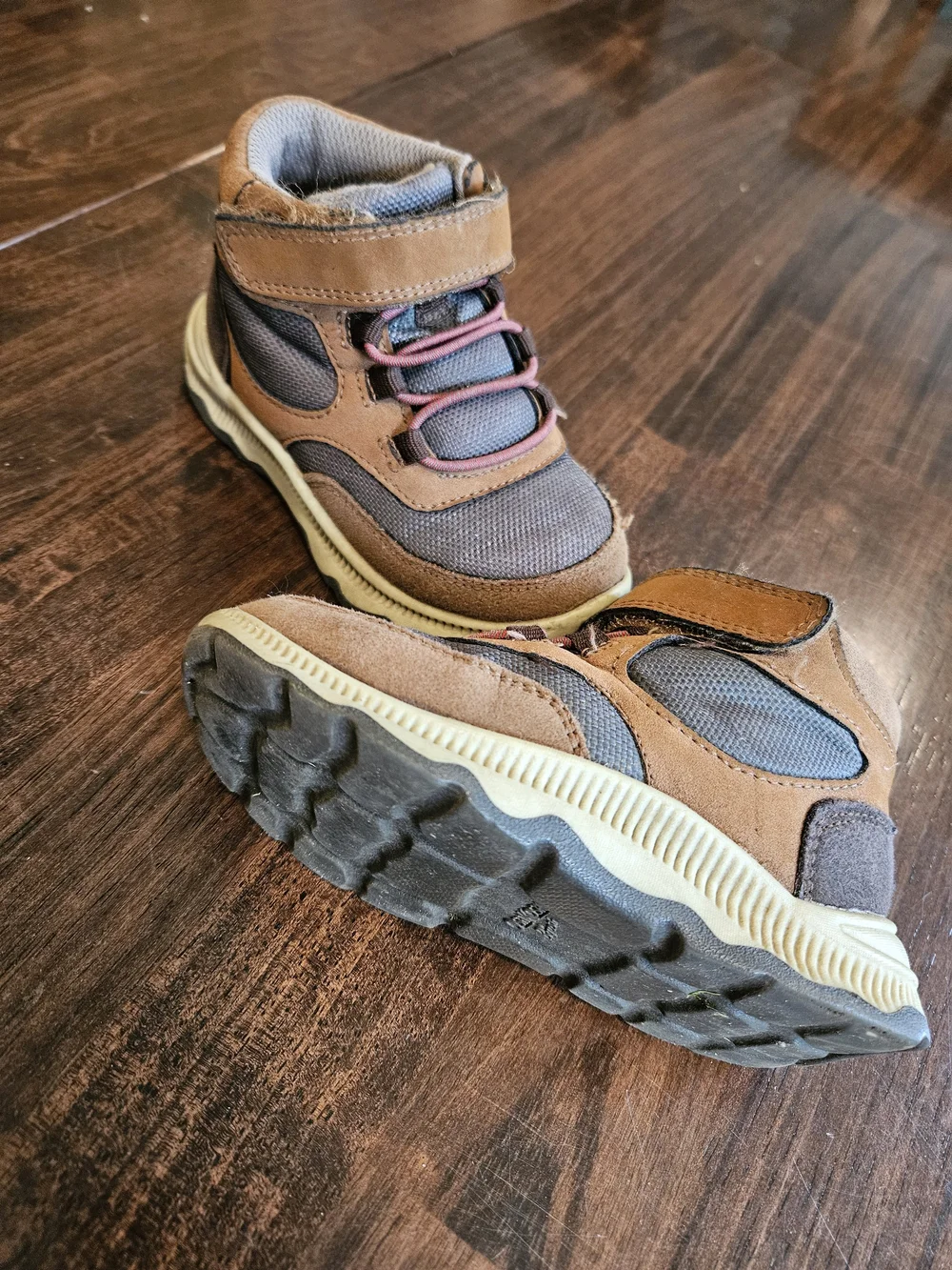 OshKosh B'gosh Brown and Gray Kids High-Top Boots with Red Laces